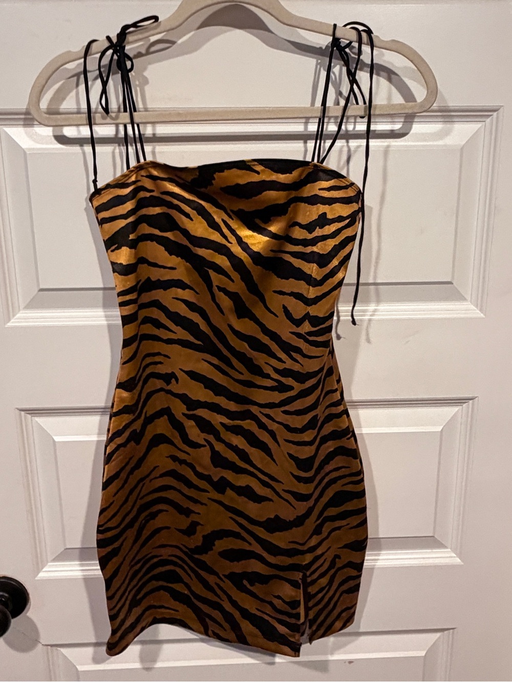 Motel Rocks Tiger-Print Satin Slip Dress with Tie Straps - Black & Gold size S